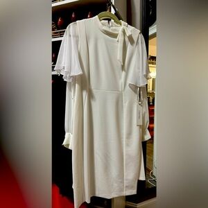 Calvin Klein Elegant Sheer Sleeve Midi Dress with Bow Detail